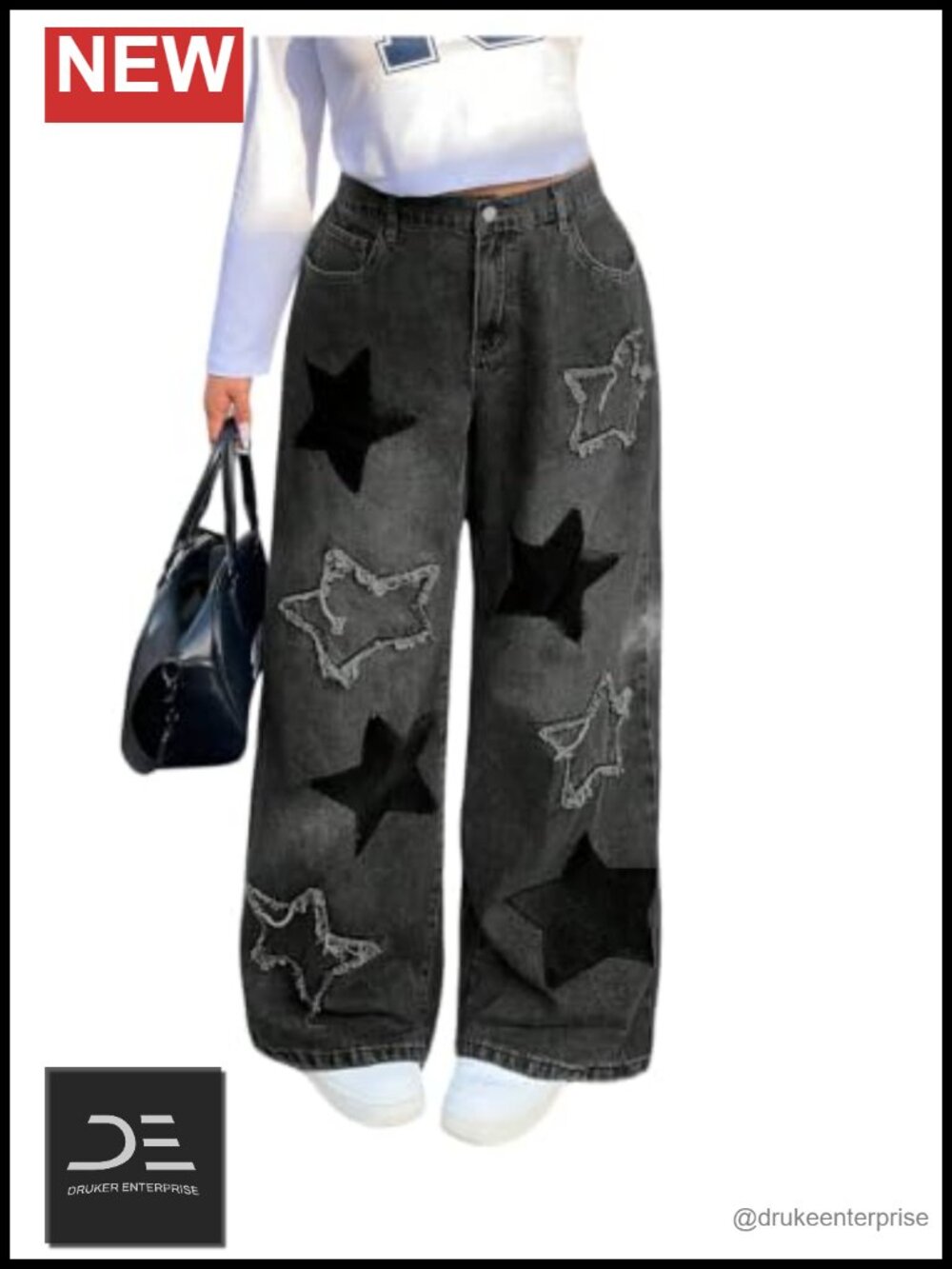 Plus Size High Waist Baggy Denim Jeans Star Raw Trim Streetwear